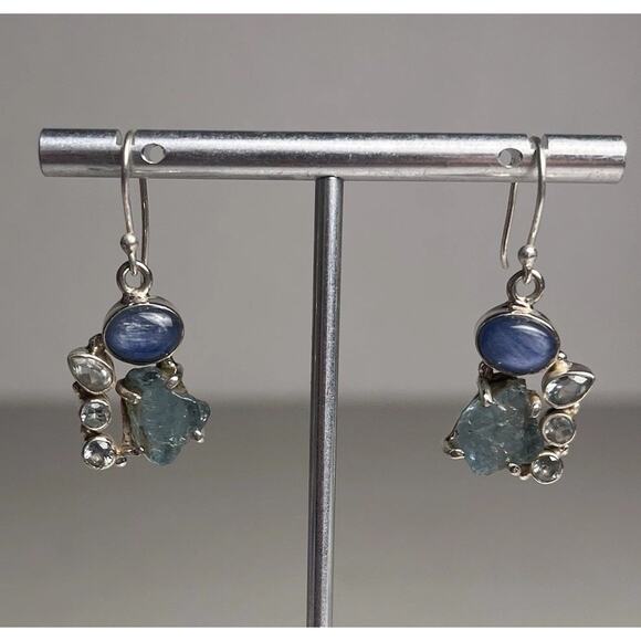 Sterling Silver 925 Earrings Rough Aquamarine Blue Topaz & Kyanite Hook Dangle - Picture 8 of 16